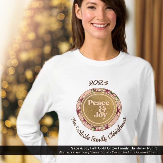 Fred och glädje, Rosa, Guld-familjens Namn-jul T Shirt (Peace & Joy, Pink and Gold Glitter Family Christmas T-Shirt with Name and Year.)