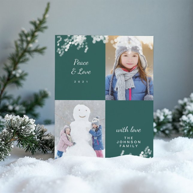 Fred och Grönt i Kärlek, liten familjefoto Julkort (Peace And Love Green Snowy Minimal Family Photo Holiday Card)