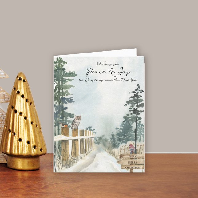 Fred och Joy Woodland Väg Land jul Helgkort (Peace and Joy Christmas Card. Buy professionally printed or as printable digital download.)