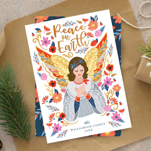 Fred på Earth Angel Blommigt Folk Art White Julkort (Peace on Earth Angel Floral Folk Art White Holiday Card)