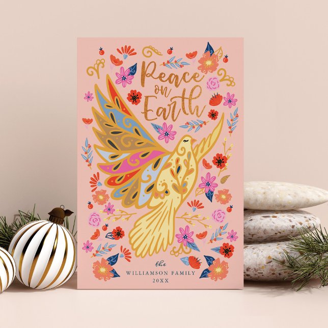 Fred på Earth Dove Blommigt Folk Art  Rosa Julkort (Peace on Earth Dove Floral Folk Art Blush Pink Holiday Card)