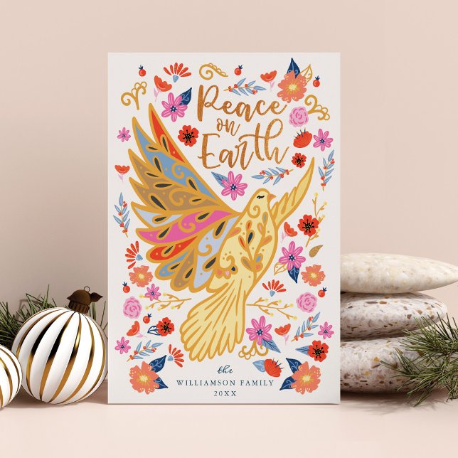 Fred på Earth Dove Blommigt Folk Art White Julkort (Peace on Earth Dove Floral Folk Art White Holiday Card)