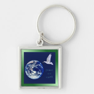 Fred på jord Keychain Fyrkantig Silverfärgad Nyckelring