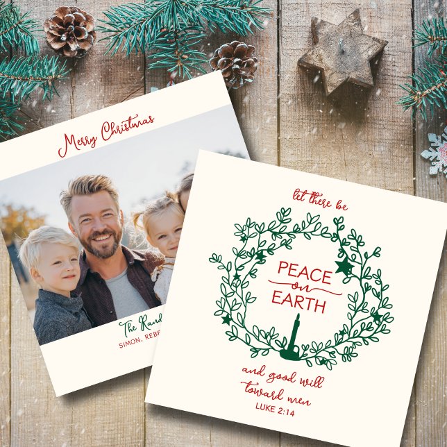 Fred på jorden Bibeltext Handriten krans Foto Julkort (Keepsake Christian Christmas card to spread peace & joy)