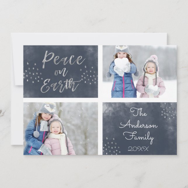 Fred på jorden Blå och silver vattenfärg Foto Julkort (Framsida)