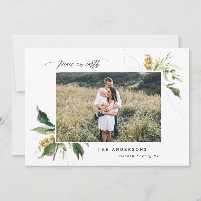 Fred på jorden blommigt två fotofamilj julkort (Framsida)