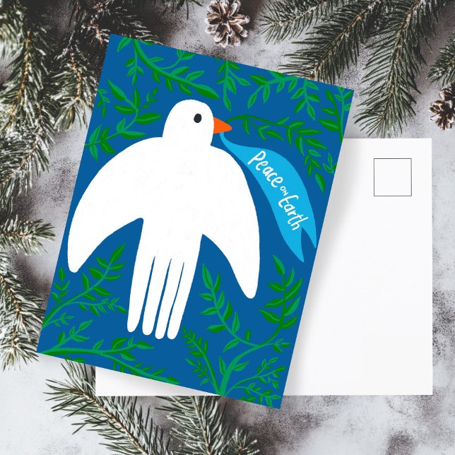 Fred på jorden Dove jul, Julafton Helgdag Blue Vykort (Peace on Earth Dove Christmas Xmas Holiday Hand Drawn Botanical Blue Postcard
)