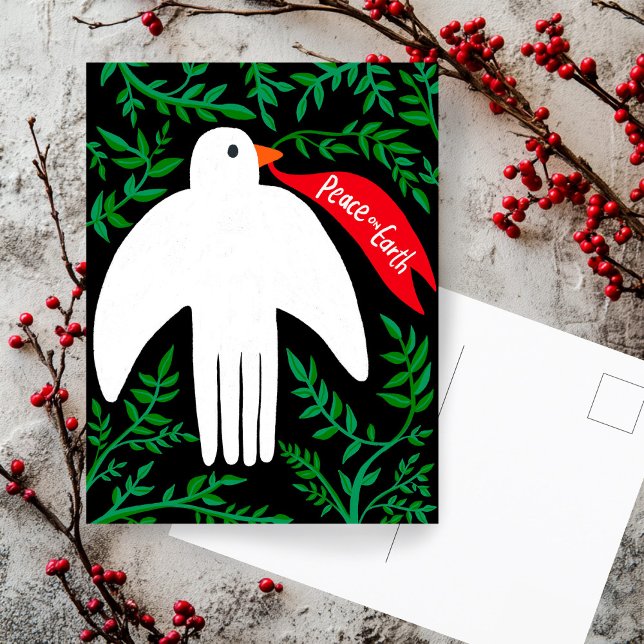 Fred på jorden Dove jul, Julafton Helgdag Vykort (Peace on Earth Dove Christmas Xmas Hand Drawn Botanical Foliage  Holiday Postcard
)