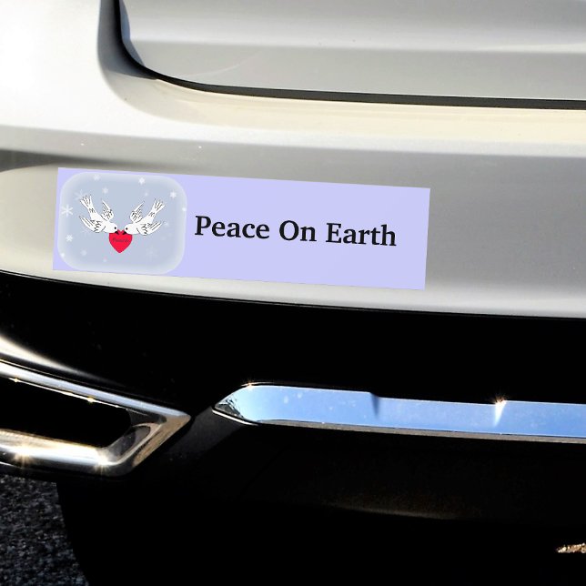 Fred på jorden Doves Heart Snöflingor Bildekal (Two white doves peace heart snowflakes  on blue Peace on Earth bumper sticker for your car.)