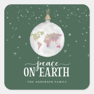 Fred på jorden Globe Ornament Grönt Helgdag Fyrkantigt Klistermärke
