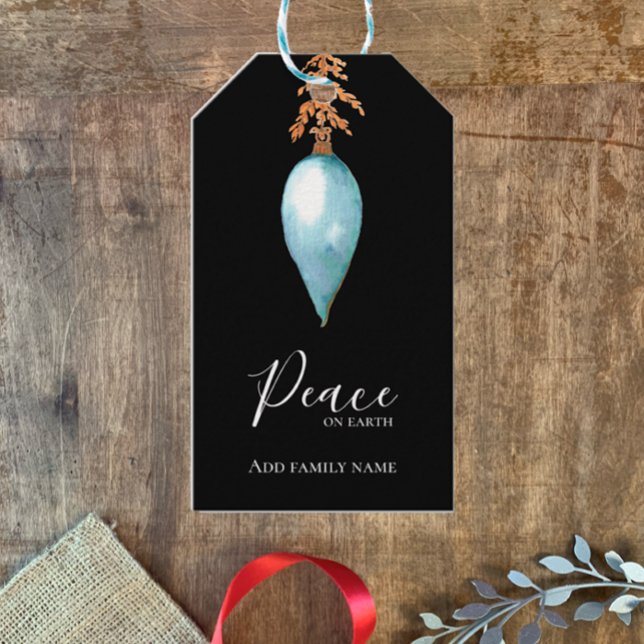 Fred på jorden Hand målad blå vattenfärgsfärg Anpa Presentetikett (Peace on Earth minimalist elegant script. Christmas holiday watercolor personalized gift tag.)