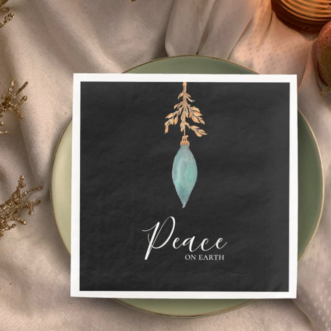 Fred på jorden Hand målade turkos Watercolor Pappersservett (Decorate your holiday table with original art napkins modern stylish Peace on Earth turquoise golden)