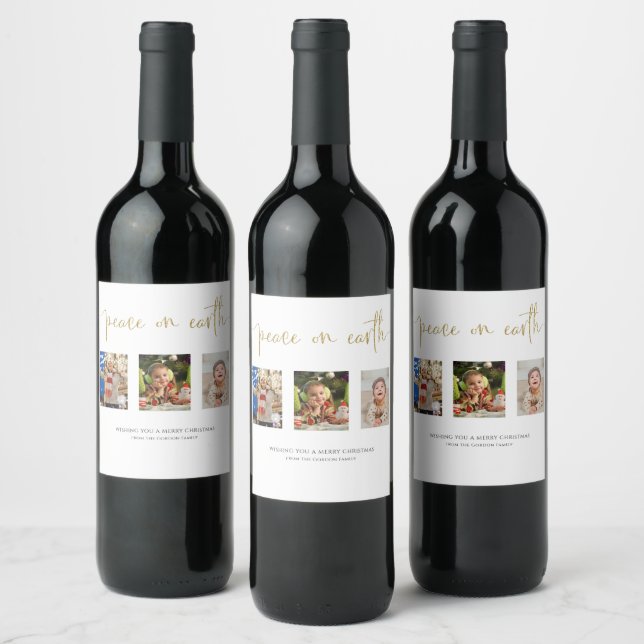 Fred på jorden Jul 3 Photo Collage Glitter Vinflaska Etikett (Flaskor)