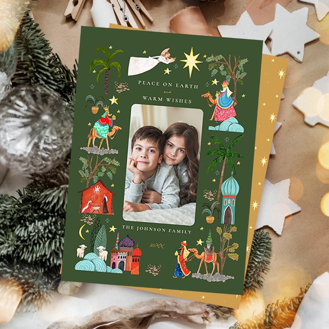 Fred på jorden Tre vise män grön jul  Julkort (Peace on Earth Three Wise men green Christmas Holiday Card)