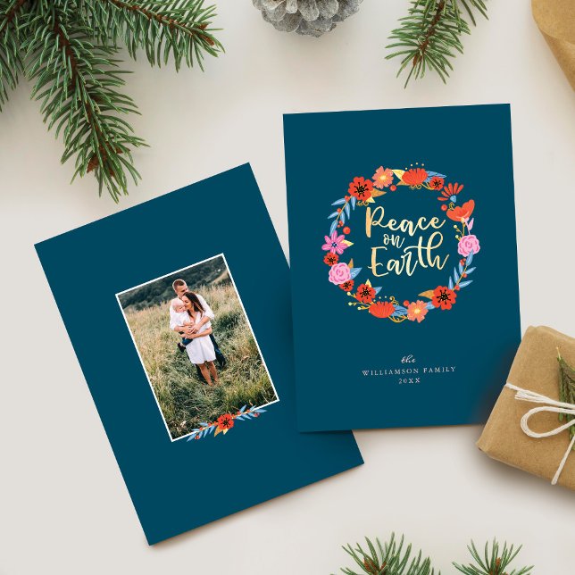 Fred på jordens Söt Blommigt Folk Art Wandeans Julkort (Peace on Earth Pretty Floral Folk Art Wreath Holiday Card)