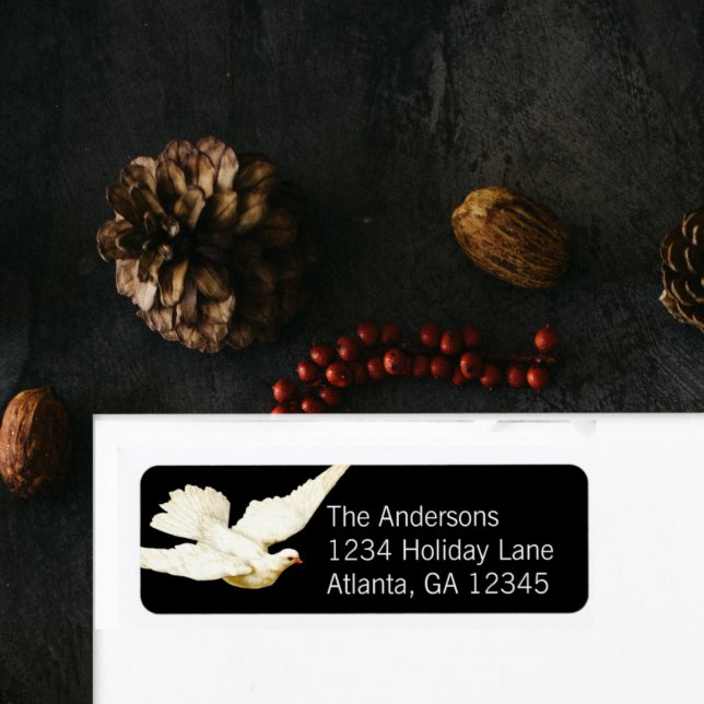 Fred till alla Elegantens vita Dove på svart Returadress Etikett (Skapare uppladdad)