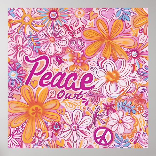 Fred ut Hippie Blommig Fredstecken Retro Mönster Poster (Framsidan)