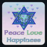 Freden Kärlek Happity Fyrkantigt Klistermärke<br><div class="desc">Hearts,  David stjärna och ord "Peace Kärlek Happiness" är ett vackert sätt att säga Lycklig Hanukkah.</div>