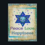 Freden Kärlek Happity Vykort<br><div class="desc">Hearts,  David stjärna och ord "Peace Kärlek Happiness" är ett vackert sätt att säga Lycklig Hanukkah.</div>