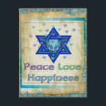Freden Kärlek Happity Vykort<br><div class="desc">Hearts,  David stjärna och ord "Peace Kärlek Happiness" är ett vackert sätt att säga Lycklig Hanukkah.</div>
