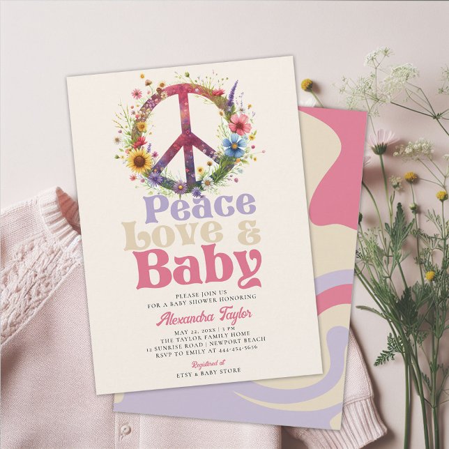 Freden Kärlek Wildblommor Retro Flicka Shower Inbjudningar (peace love baby groovy hippie retro vintage girl shower invitation blue pink purple beige)