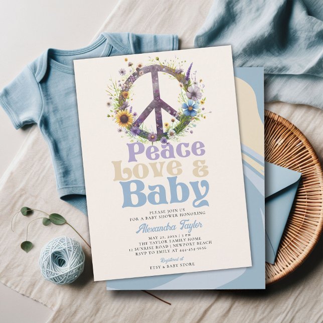 Freden Kärlek Wildblommor Retro Pojke Shower Inbjudningar (peace love baby groovy hippie retro vintage boy shower invitation blue brown)