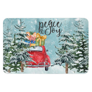 Freden och Joy Red Car i Winter Forest Helgdag Magnet