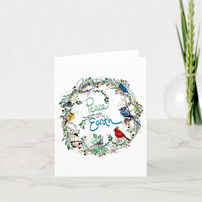 Freden på jordens fågellandning eller Helgdag elle Tack Kort (Peace On Earth Bird Wreath Holiday Or Thank You Card by Jenn Steffen Art.)