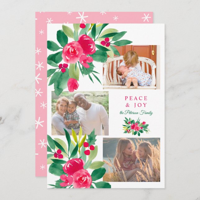 Fredens blommigt, vattenfärg 3 foton snö kort (Fram/baksida)