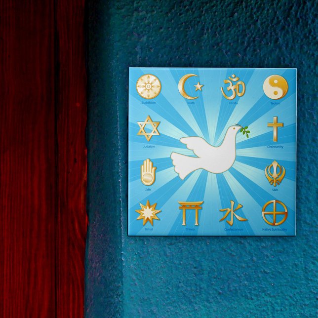 Fredens värld kakelplatta (Decorative ceramic tile featuring Twelve World Religions. )