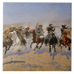 Frederic Remington målar "Tash for the Timber" Kakelplatta