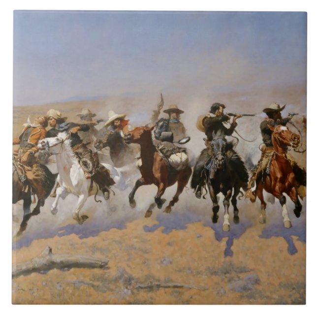 Frederic Remington målar "Tash for the Timber" Kakelplatta (Framsidan)