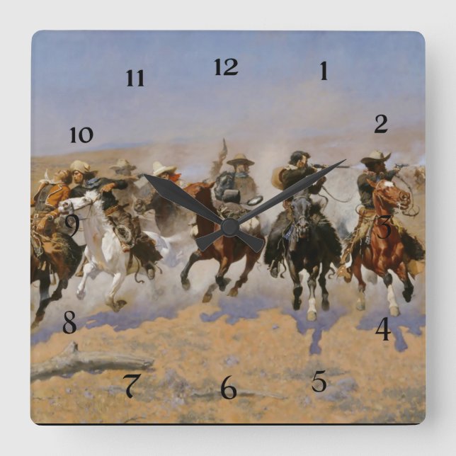 Frederic Remington-målning ”Dash For The Timber” Fyrkantig Klocka (Framsida)