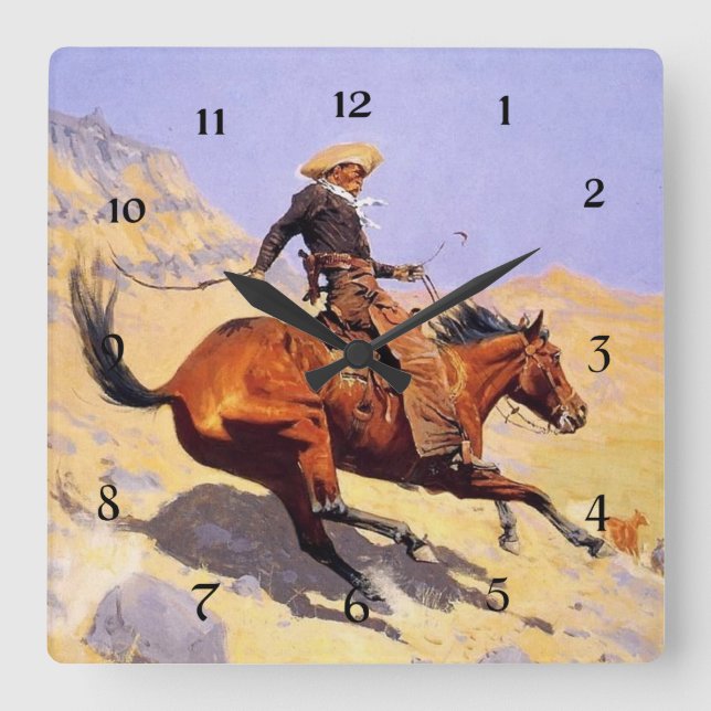 Frederic Remington västerländsk konst ”Cowboyen” Fyrkantig Klocka (Framsida)