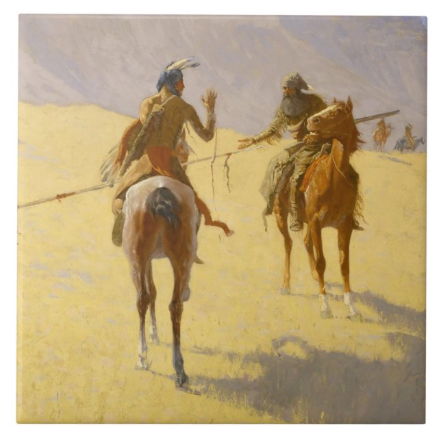 Frederic Remington västerländsk konst ”The Parley” Kakelplatta (Framsidan)