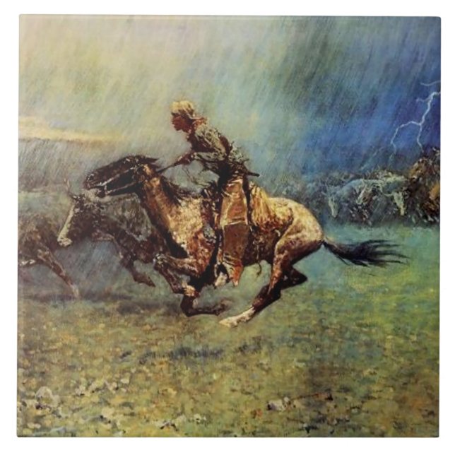 Frederic Remington Westernare Art "The Stampede" Kakelplatta (Framsidan)