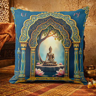 Fredfull guld Buddha mediterar i Indien Kudde