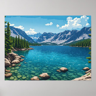 Fredlig alpin sjö berg skog natur landskap poster