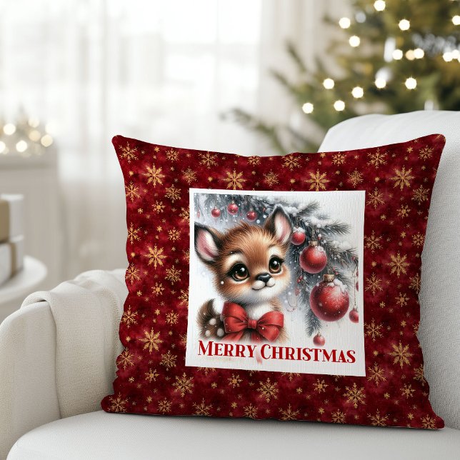 Fredlig Bebis Hjort Akvarell Snöig Julpresent Kudde (Peaceful Baby Deer Watercolor Snowy Gift Christmas pillow)