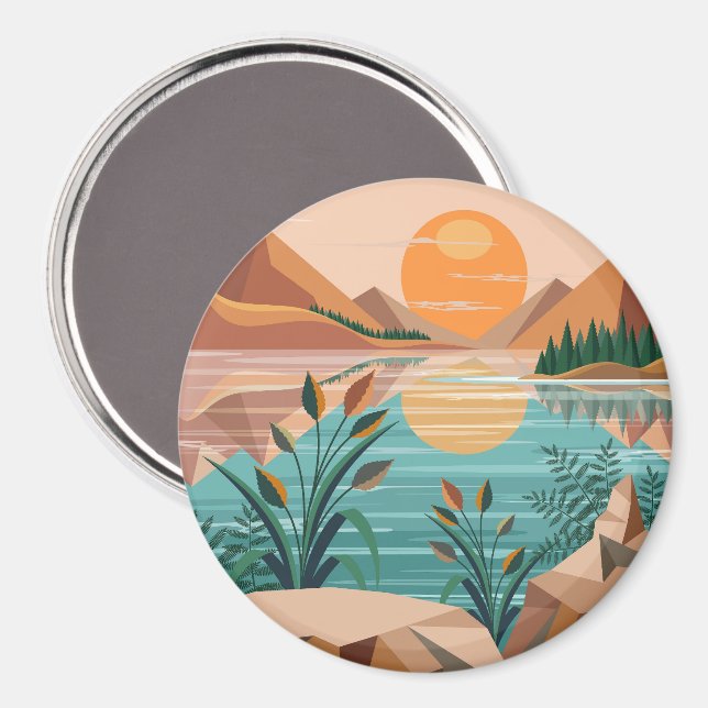 Fredlig Bergssjö Solnedgångslandskap Magnet (Front/Back)