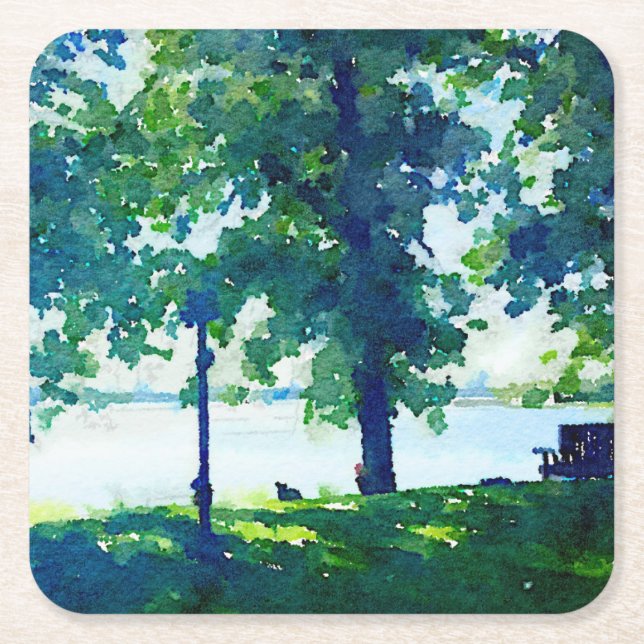 Fredlig blått och Grönt Tulaby Lakeside Bench Underlägg Papper Kvadrat (Framsidan)