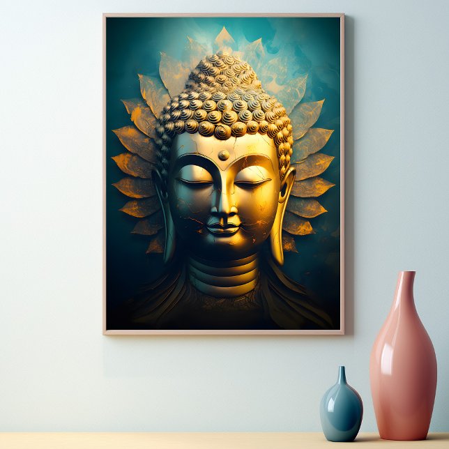 Fredlig buddha Ansikte Guld Art Antique Poster (Peaceful Buddha Face Gold Art Antique Poster)