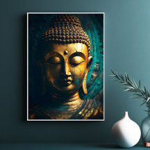 Fredlig buddha Ansikte Guld Blue Art Antique Poste