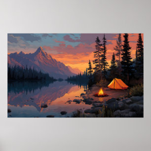 Fredlig campingscen vid ett berg Sjö Poster