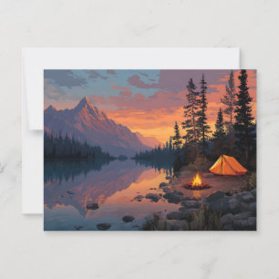 Fredlig campingscen vid ett berg Sjö Vykort