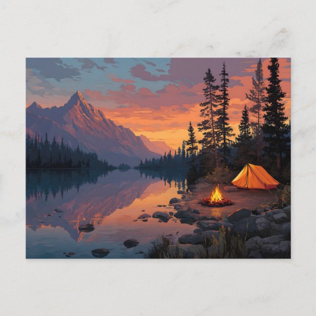 Fredlig campingscen vid ett berg Sjö Vykort (Framsida)