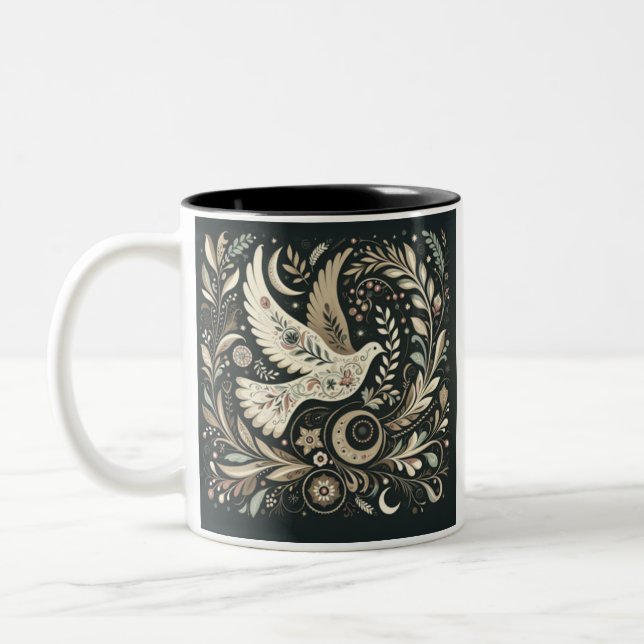 Fredlig Dove Art Mugg, Blommigt Bird Design, kaffe Två-Tonad Mugg (Vänster)
