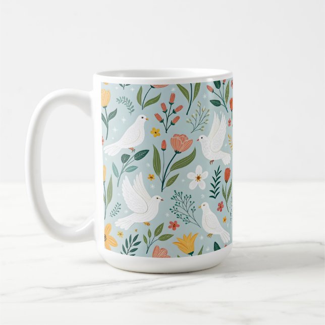 Fredlig duva & vildblomma Botanisk Sömlös Mönster Kaffemugg (Vänster)