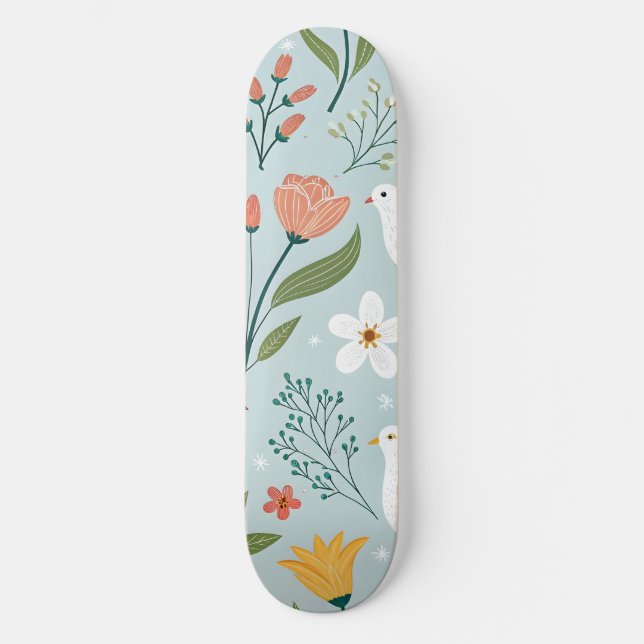 Fredlig duva & vildblomma Botanisk Sömlös Mönster Mini Skateboard Bräda 18,5 Cm (Framsida)