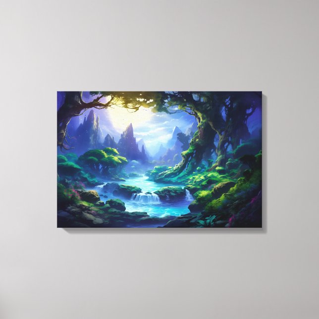 Fredlig flod under Moonlight - Fantasy Art Canvastryck (Framsida)